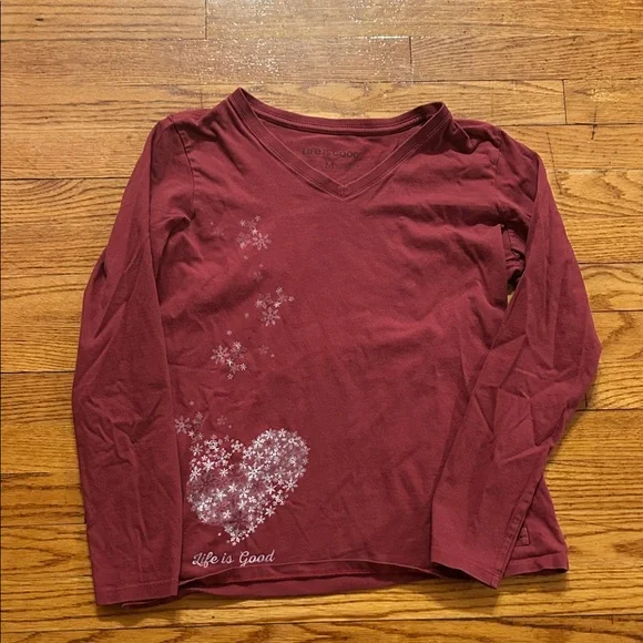 Life Is Good Maroon Womens V-Neck Shirt with Heart and Floral Design size M - Picture 1 of 5